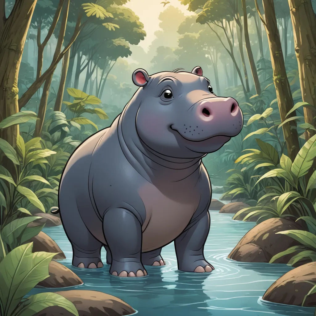 a hippo standing in a river surrounded by trees and rocks with a sun shining through the trees behind it, sots art, a character portrait, Chris LaBrooy, official art