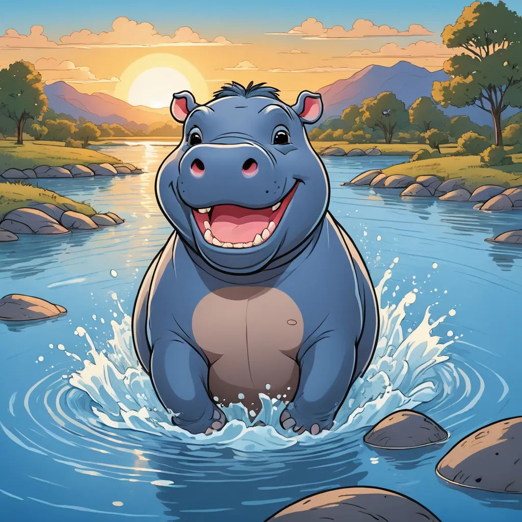a hippo is standing in the water with his mouth open and smiling at the camera, with a sunset in the background, lyco art, a storybook illustration, Chris LaBrooy, storybook illustration