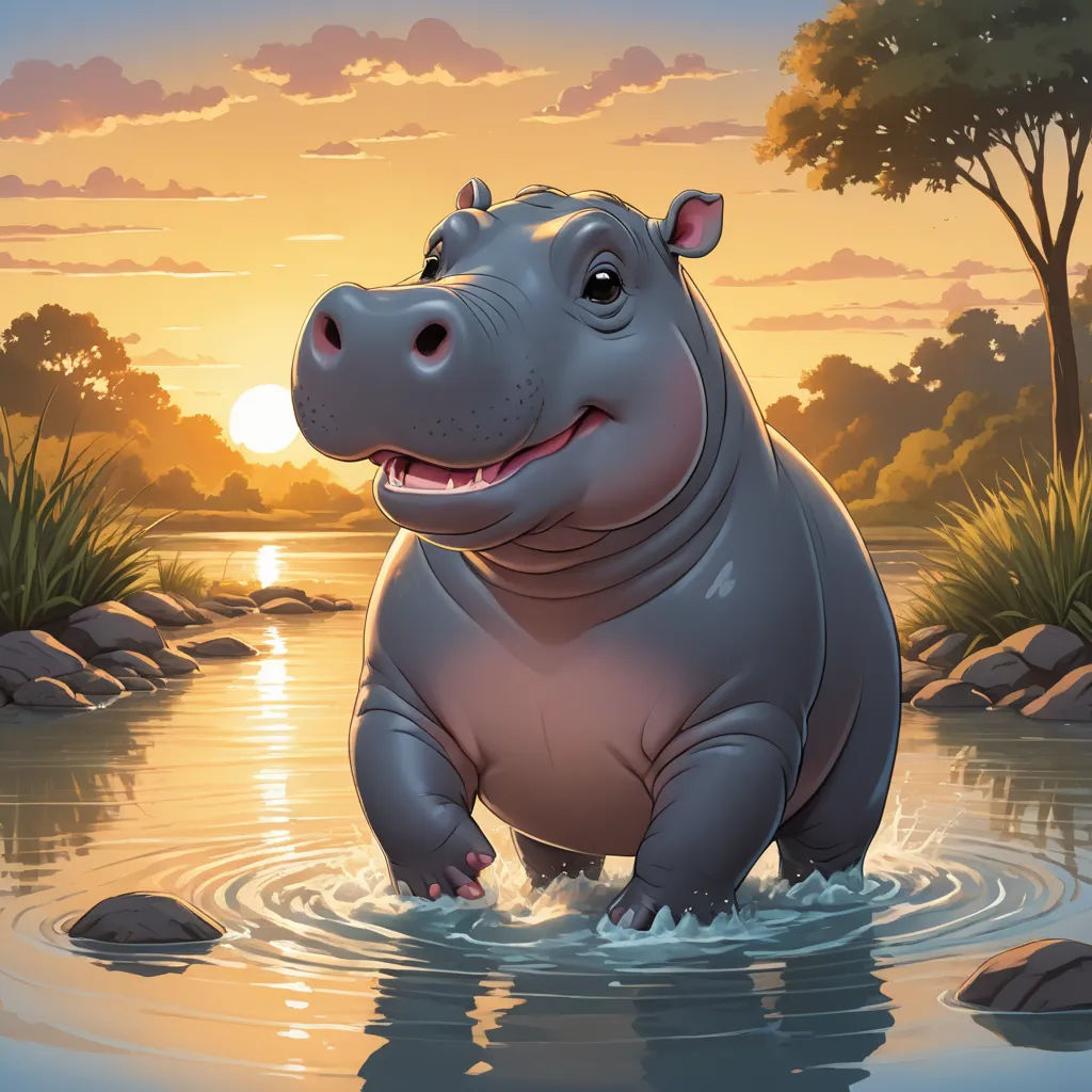 a hippo is standing in the water at sunset or dawn, with the sun setting behind it and the trees and rocks in the water, sots art, a storybook illustration, Chris LaBrooy, storybook illustration