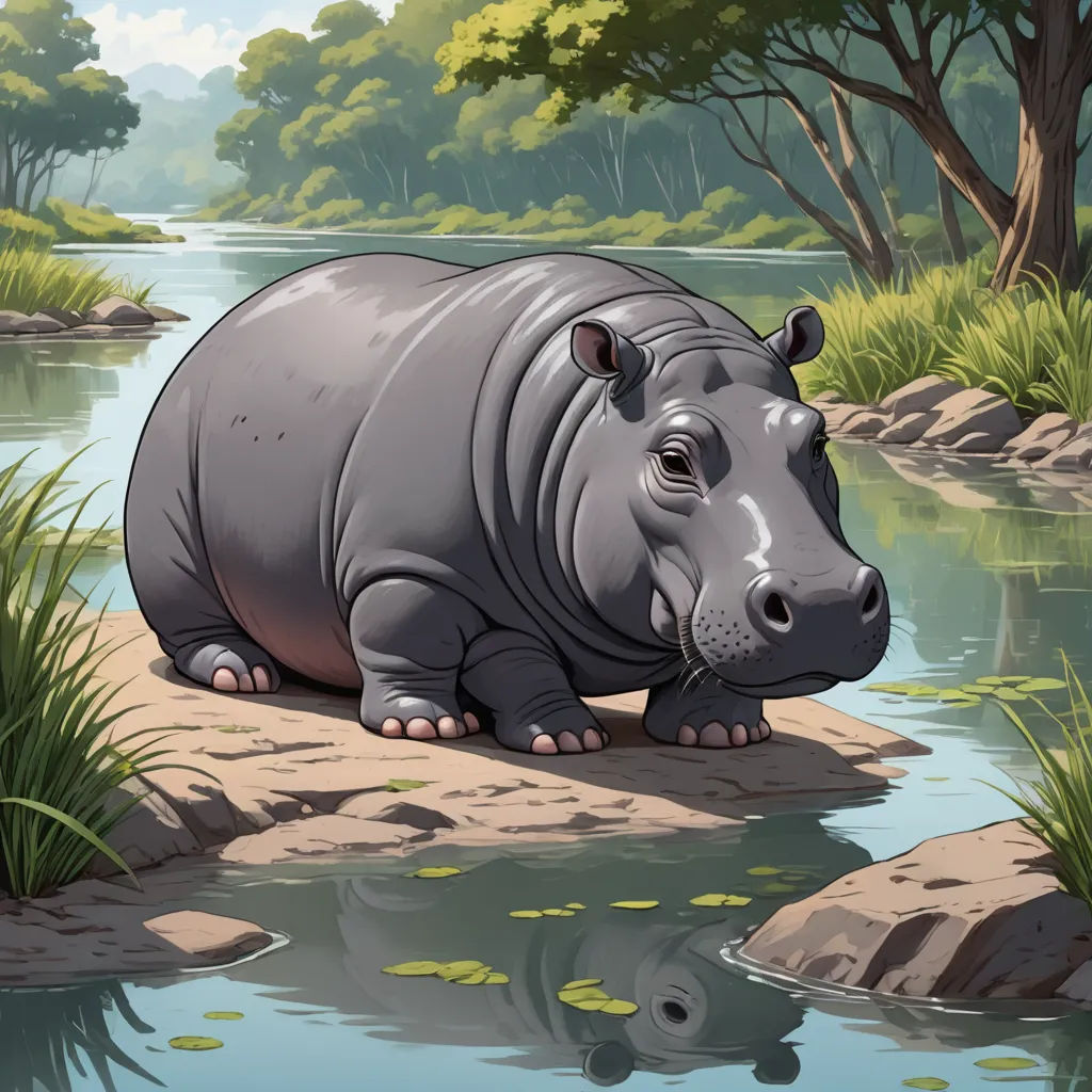 a hippo is standing on a rock near a pond of water and trees, with a reflection of the hippo in the water, furry art, a storybook illustration, Chris LaBrooy, magic the gathering artwork