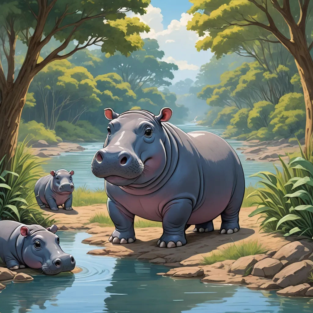 a painting of a hippo and her baby in a riverbank with trees and rocks around it,, american scene painting, a storybook illustration, Chris LaBrooy, storybook illustration