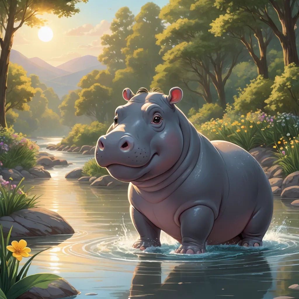 a hippo is standing in a river with trees and flowers around it and a sun shining on the water, american scene painting, a storybook illustration, Chris LaBrooy, official art