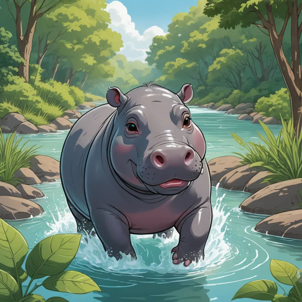 a hippo is standing in a river with trees and rocks in the background and a blue sky with clouds, furry art, a storybook illustration, Brom, storybook illustration
