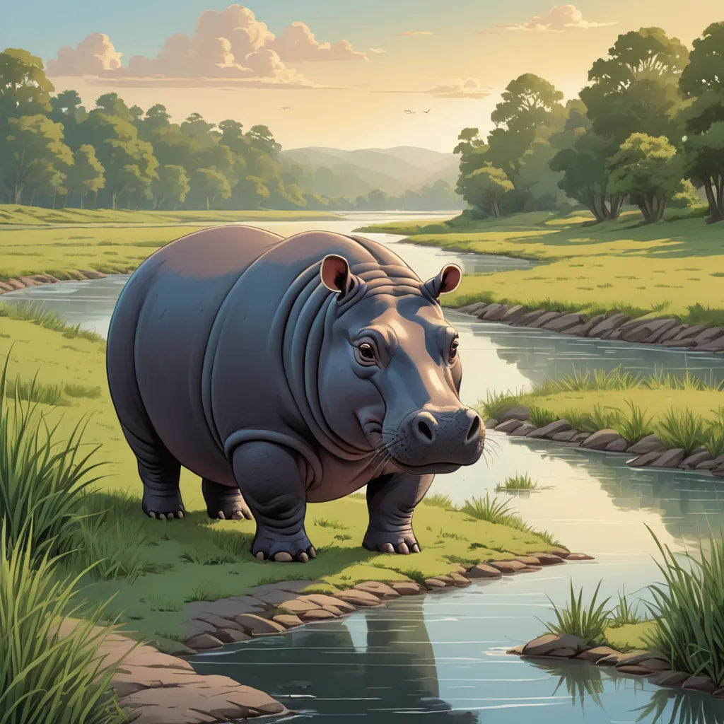 a hippo standing in the grass near a river and a forest with trees and grass on the bank, american scene painting, a storybook illustration, Chris LaBrooy, storybook illustration