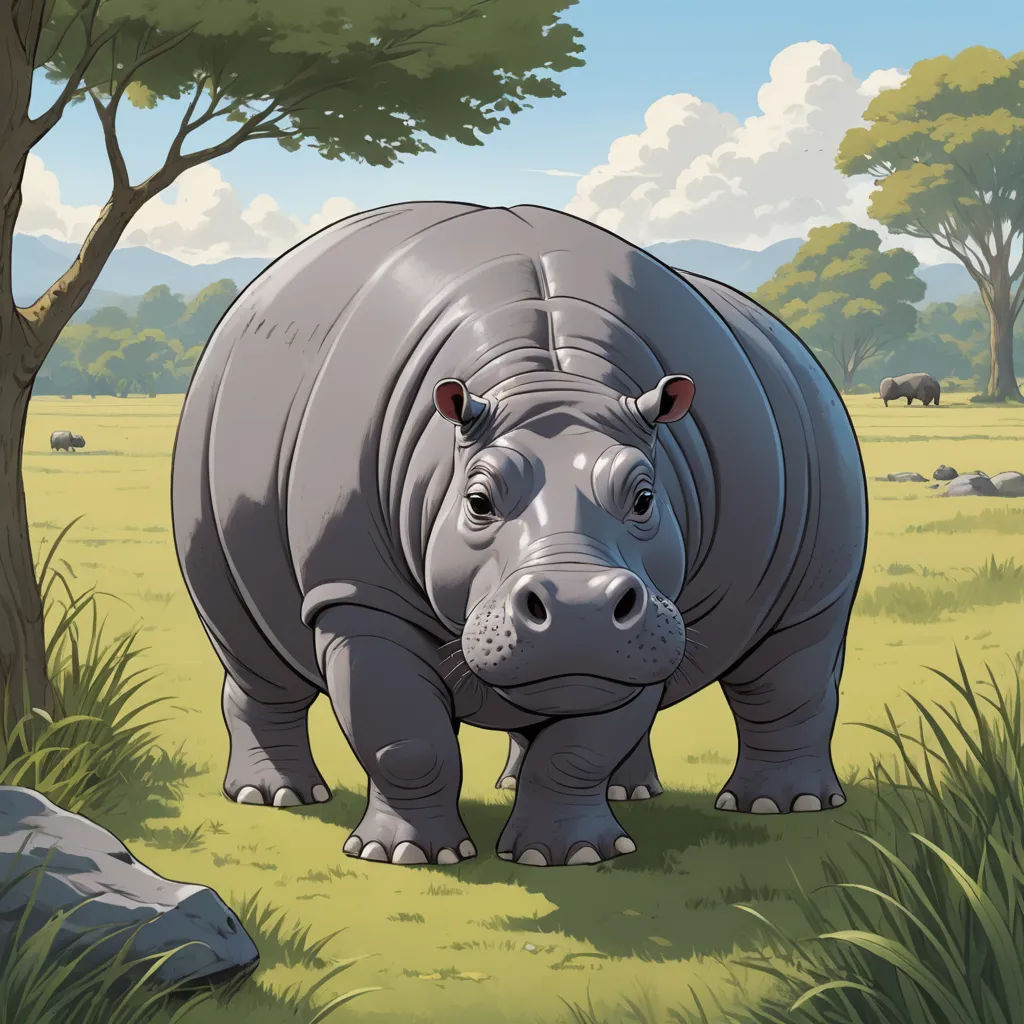 a cartoon rhino standing in a field next to a tree and rocks and grass with a sky background and clouds, furry art, a storybook illustration, Chris LaBrooy, furaffinity
