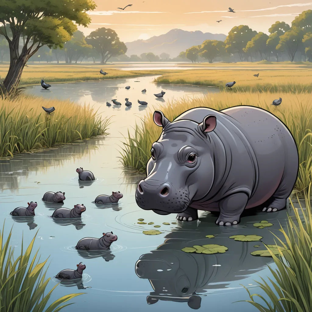 a hippo is standing in the water near a pond with ducks and ducks in the background, and a flock of birds flying around, context art, a storybook illustration, Chris LaBrooy, comic cover art