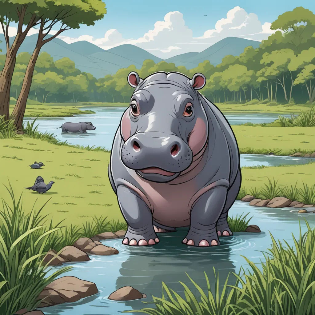 a hippo standing in a river near a forest with a mountain in the background and a river running through it, lyco art, a storybook illustration, Chris LaBrooy, storybook illustration