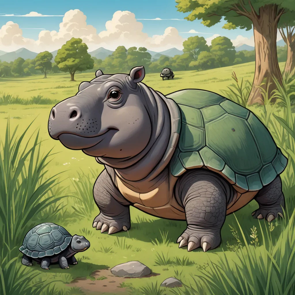 a cartoon hippo is walking in the grass with a turtle nearby in the background of a field with trees, sots art, a storybook illustration, Chris LaBrooy, storybook illustration