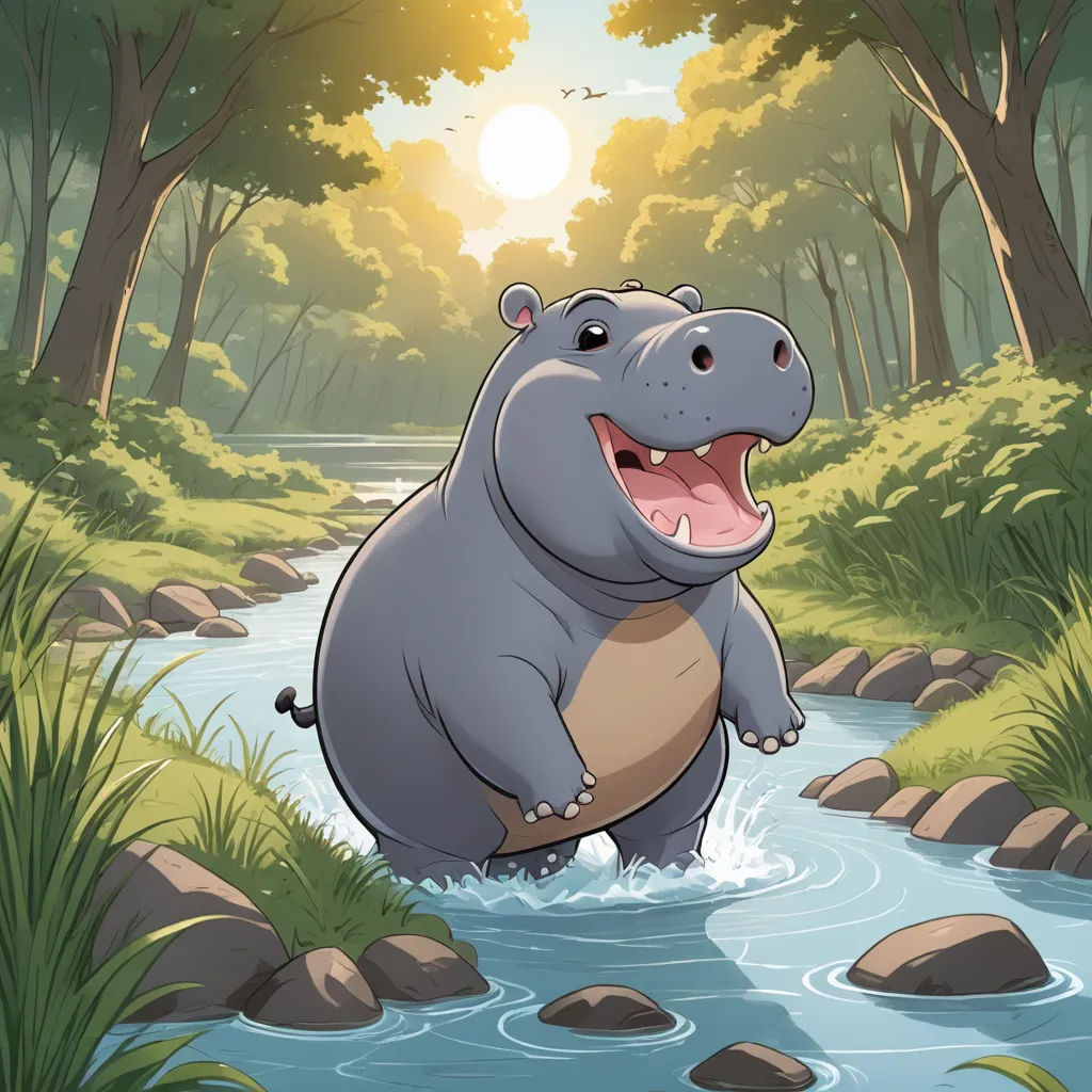 a hippo is standing in a river with its mouth open and it's tongue out and it's mouth wide open, sots art, a storybook illustration, Chris LaBrooy, storybook illustration