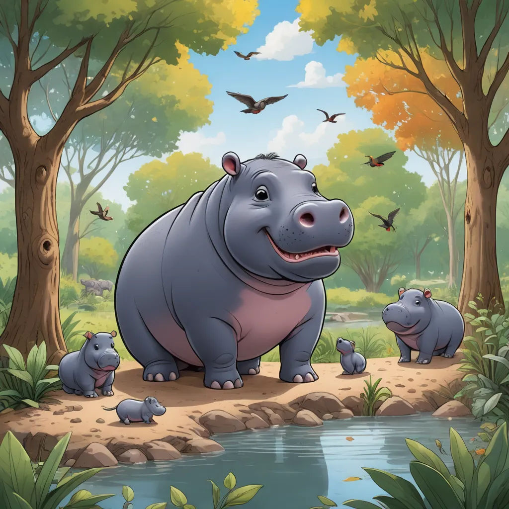 a hippo and her two babies in a forest by a river with birds flying overhead and a bird flying overhead, sots art, a storybook illustration, Chris LaBrooy, official art