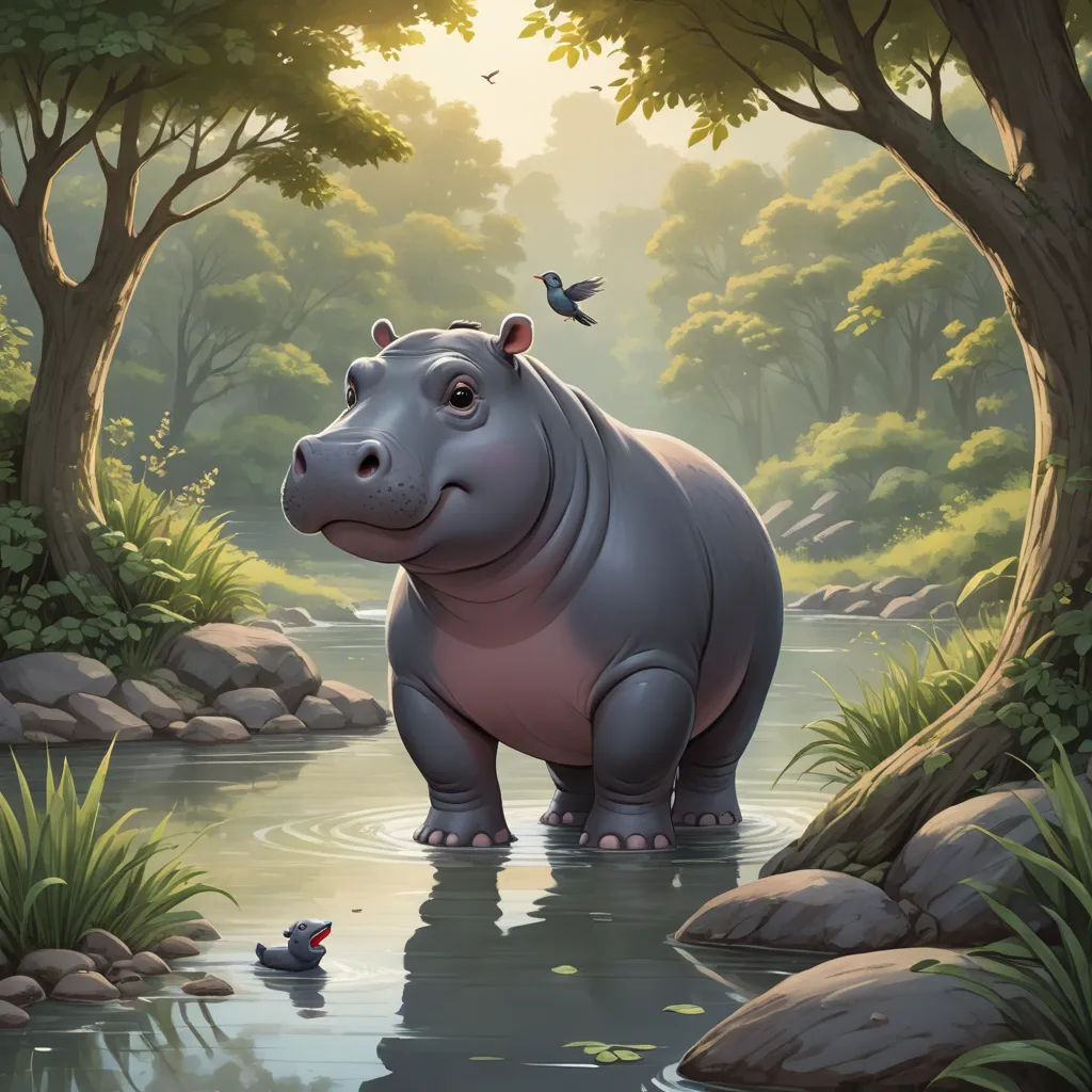 a hippo standing in a river next to a forest filled with trees and birds on a sunny day, fantasy art, a storybook illustration, Chris LaBrooy, magic the gathering artwork