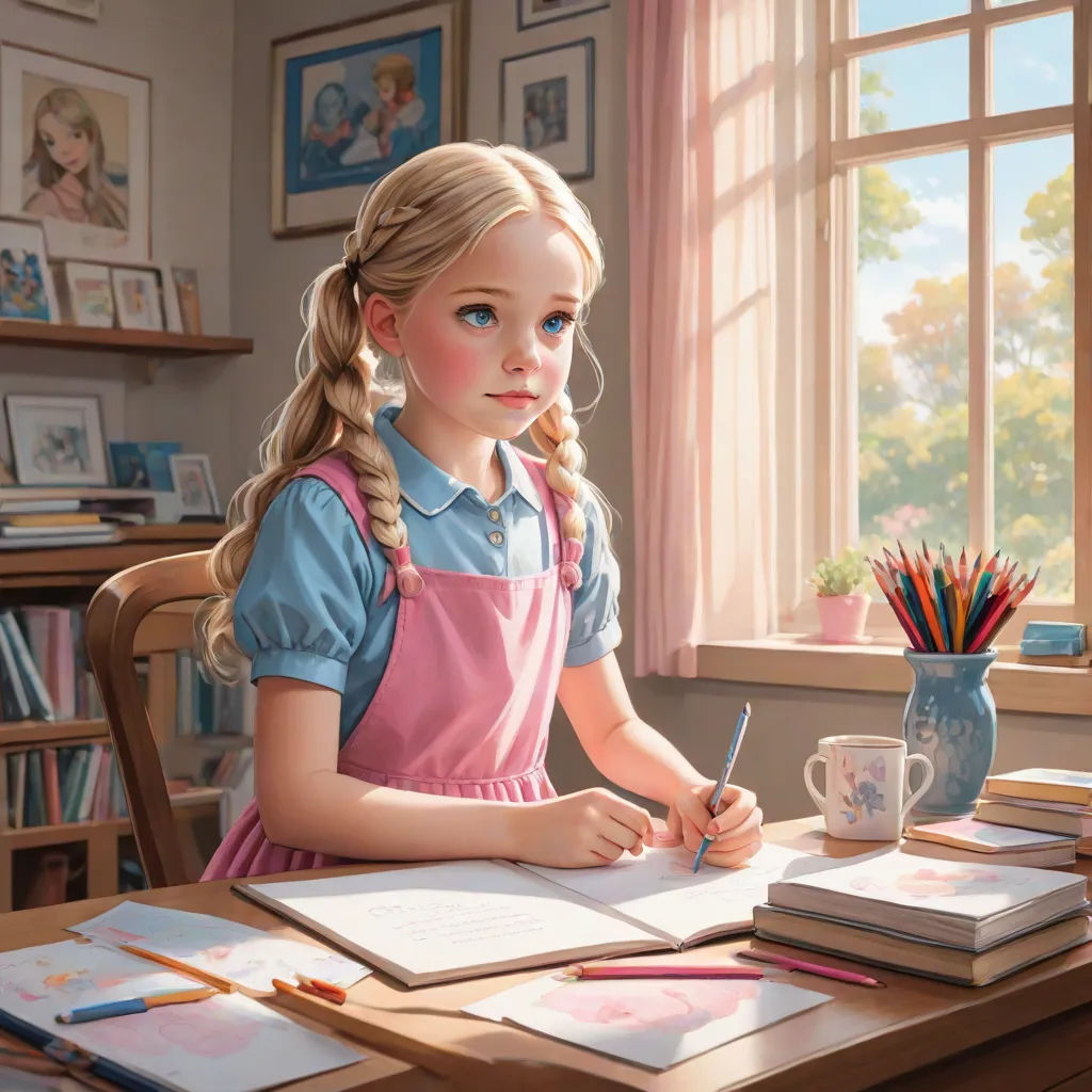 a painting of a girl writing on a desk with a cup of coffee and a book on it,, extremely detailed oil painting, photorealism, a photorealistic painting, Bob Byerley