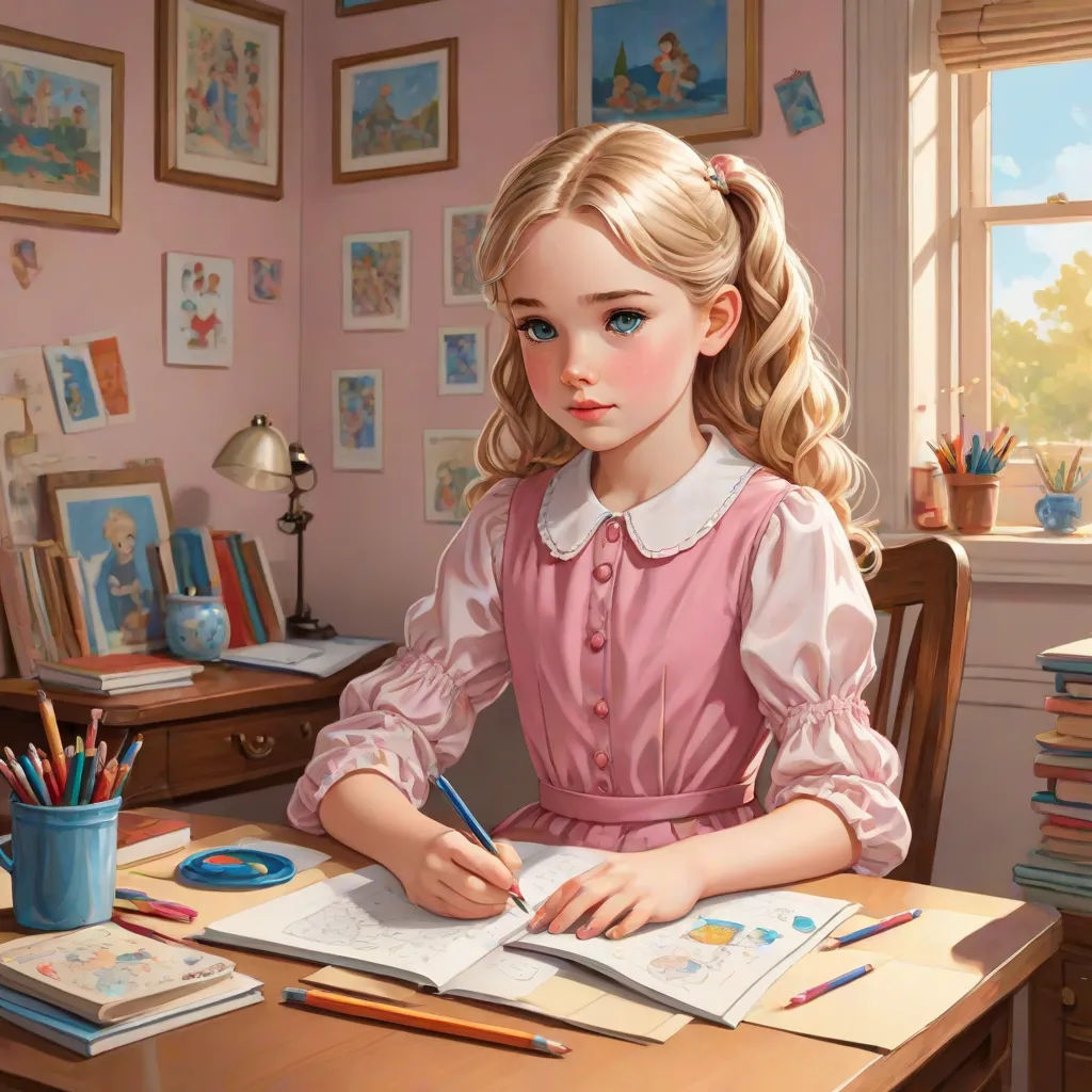 a painting of a girl sitting at a desk with a book and pencils in her hand and a cup of water, detailed painting, fantasy art, a detailed painting, Artgerm