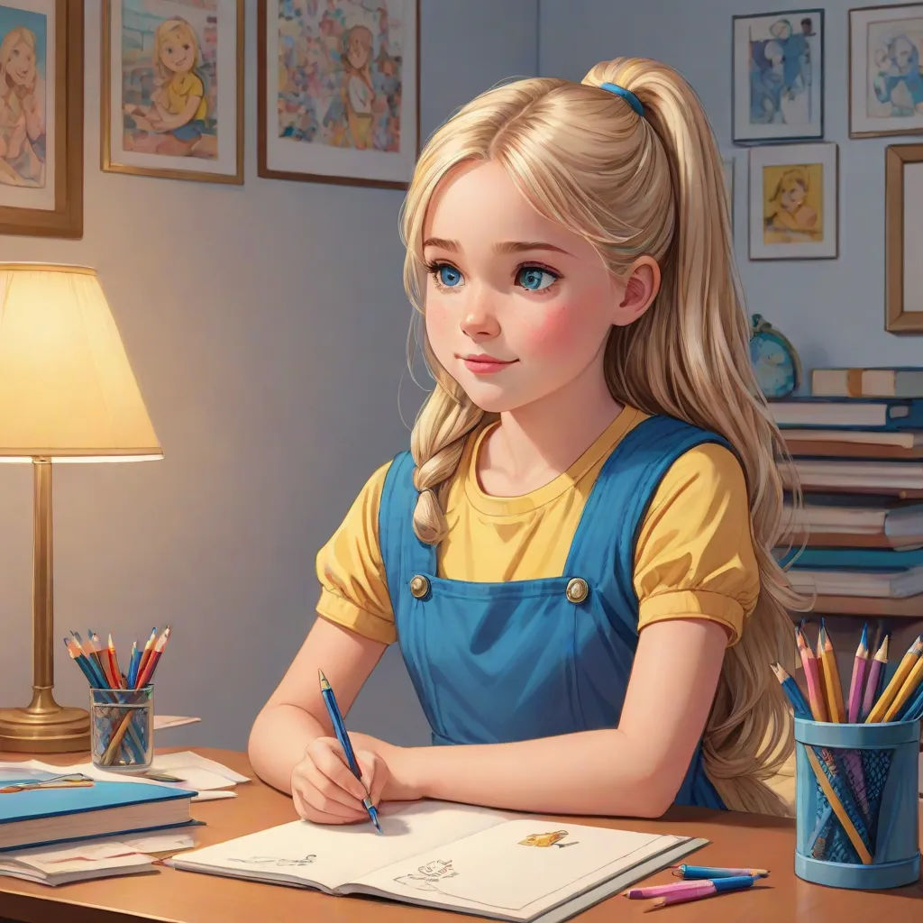 a girl sitting at a desk with a pencil and a book in front of her and a lamp on the side, cgstudio, photorealism, a detailed painting, Artgerm