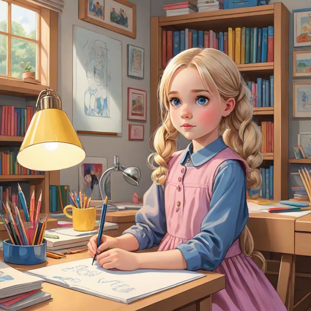 a painting of a little girl sitting at a desk with a pencil and a book in her hand and a lamp on the desk, cgstudio, photorealism, a storybook illustration, Artgerm