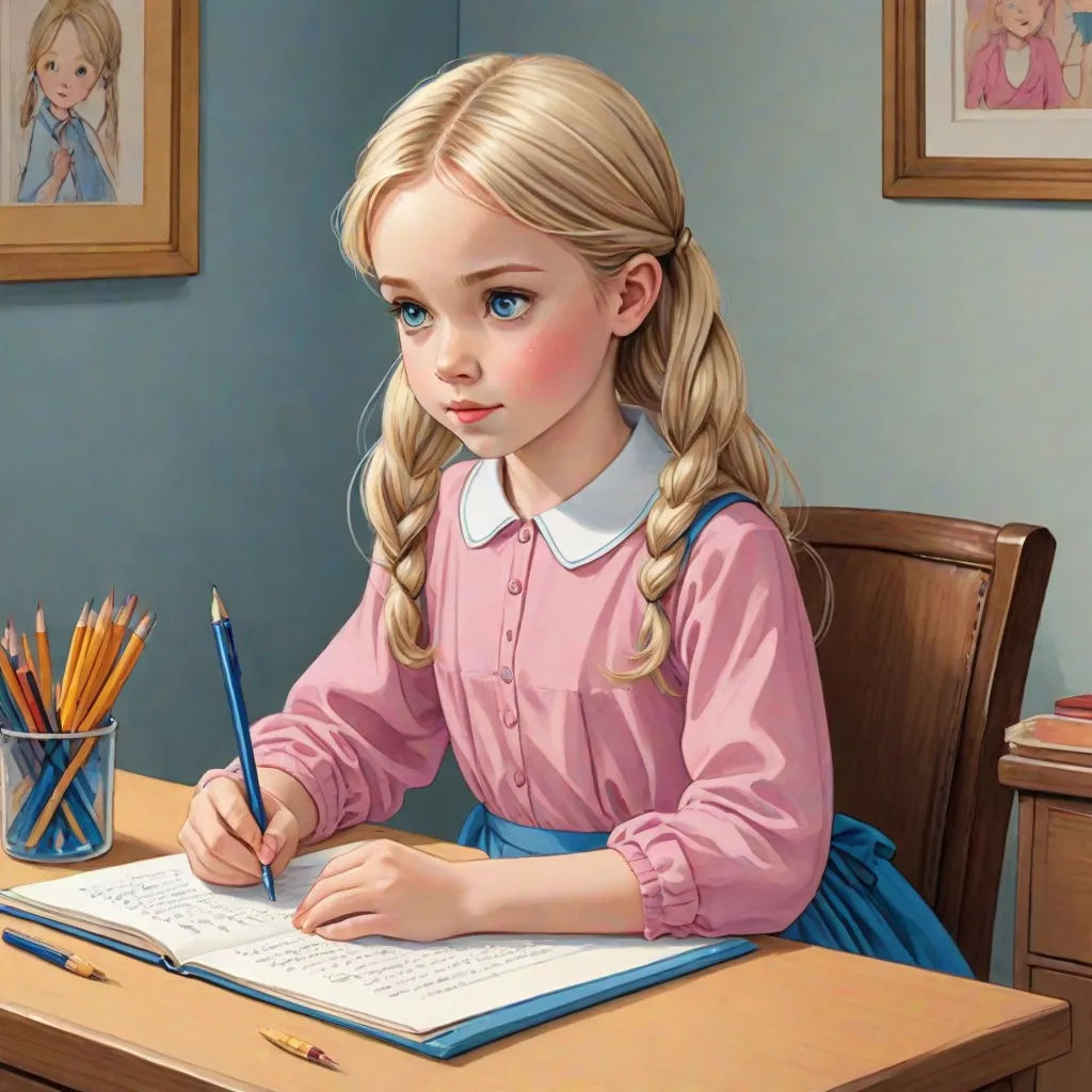 a painting of a little girl sitting at a desk writing on a paper with pencils in front of her, extremely detailed oil painting, hyperrealism, a hyperrealistic painting, Bob Byerley