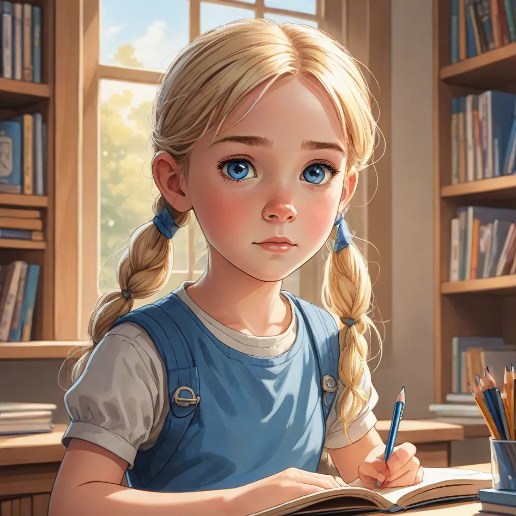 a girl with a ponytail sitting at a desk with a book and pencils in her hand and a bookcase behind her, rossdraws global illumination, fantasy art, a storybook illustration, Artgerm