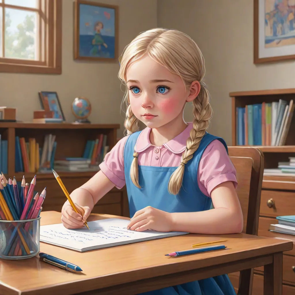 a painting of a little girl sitting at a desk with a pencil and a book in front of her, cgstudio, photorealism, a photorealistic painting, Artgerm