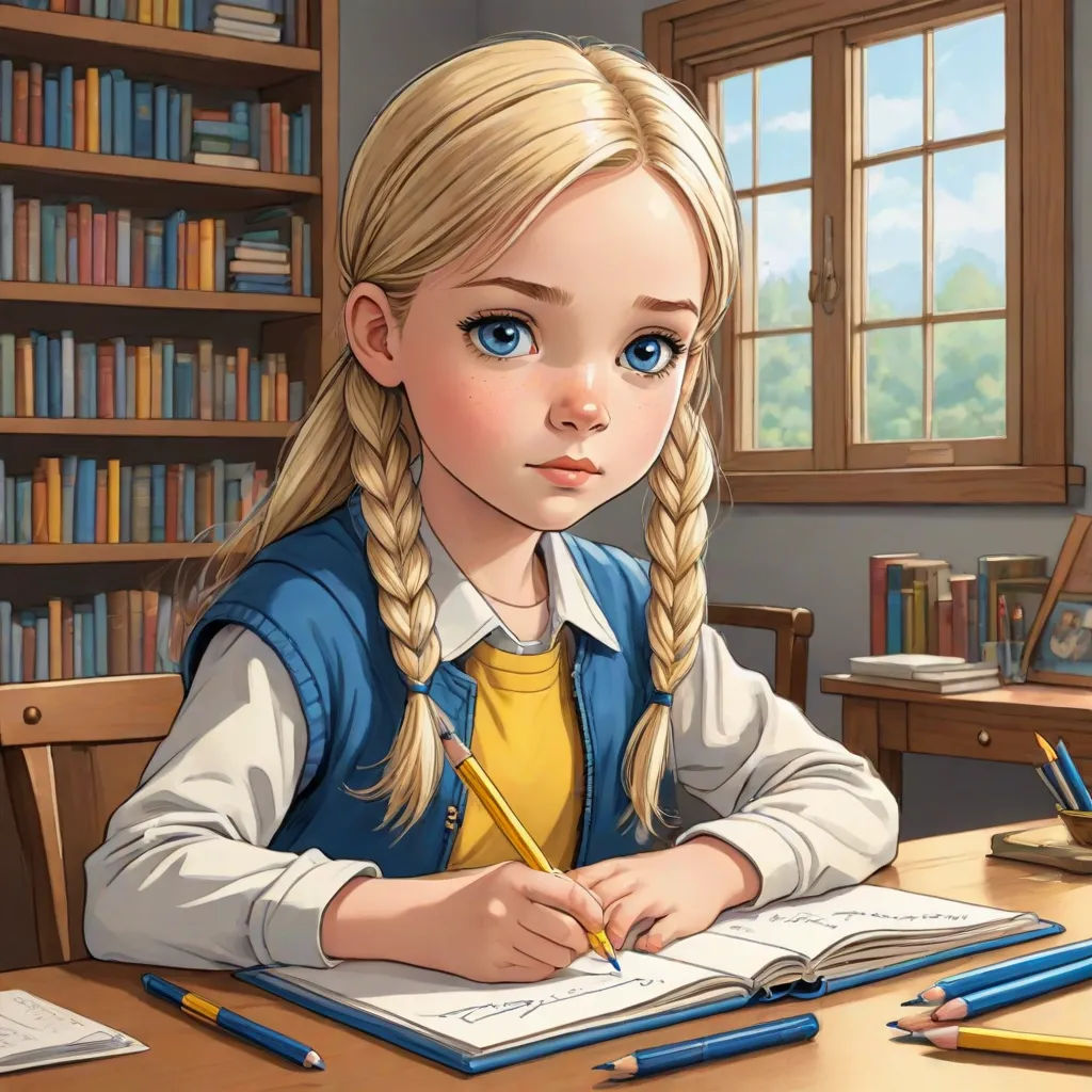 a girl sitting at a desk with a book and pencil in her hand and a book in front of her, trending on art station, fantasy art, a storybook illustration, Claire Falkenstein