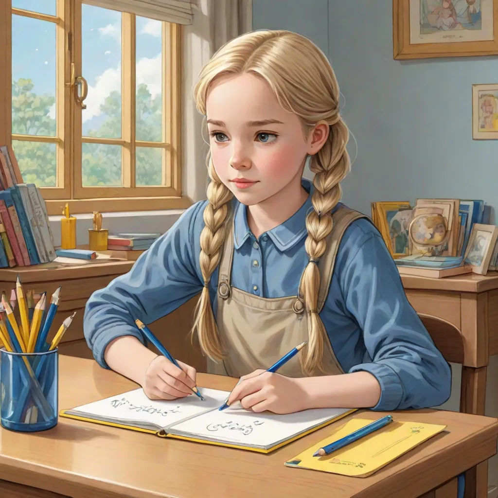 a painting of a girl writing on a book with pencils in a cup and a book on a desk, cgstudio, photorealism, a storybook illustration, Bob Byerley