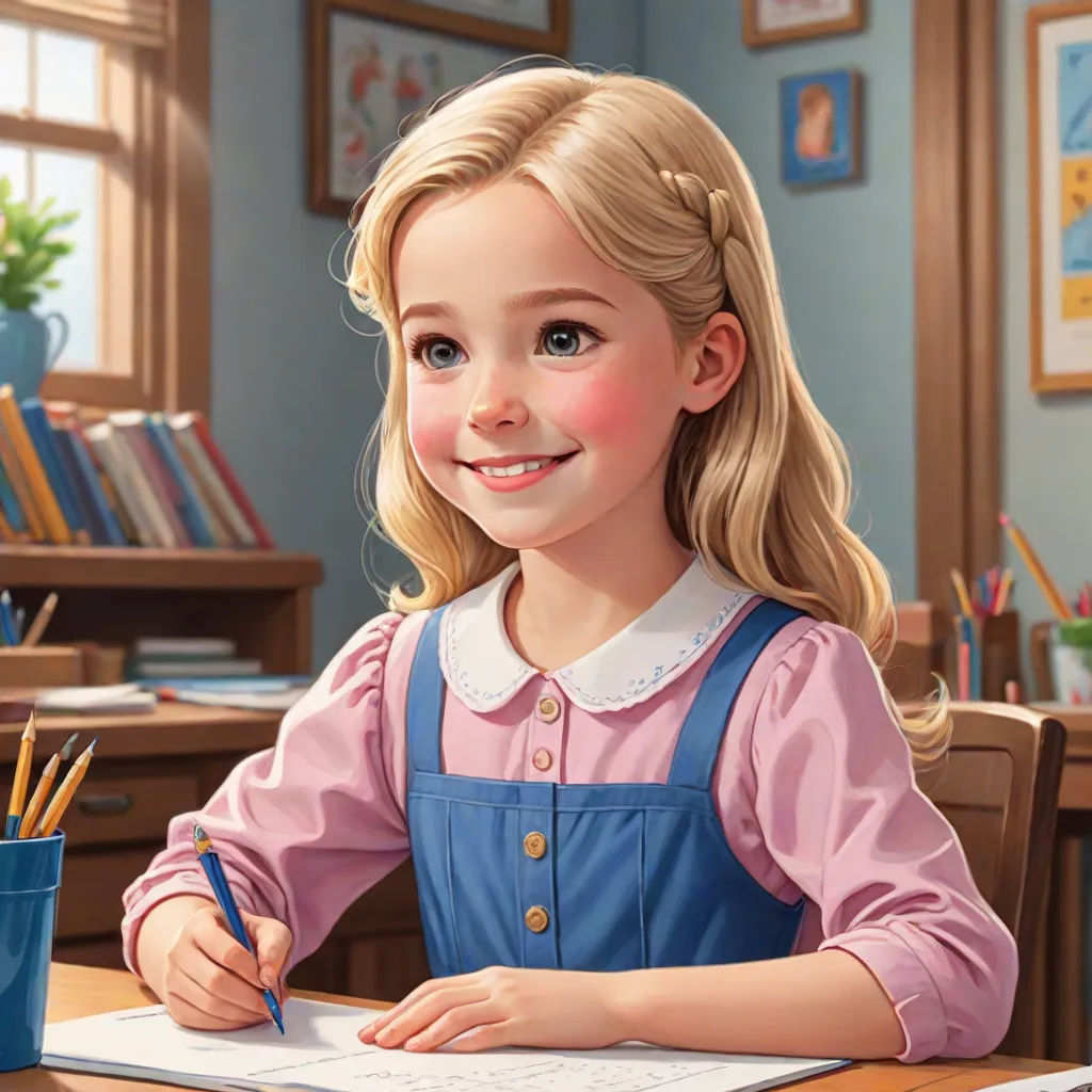 a painting of a little girl sitting at a desk with a pen and paper in her hand and a cup of pencils in front of her, ultra realistic illustration, american scene painting, a storybook illustration, Constance Gordon-Cumming