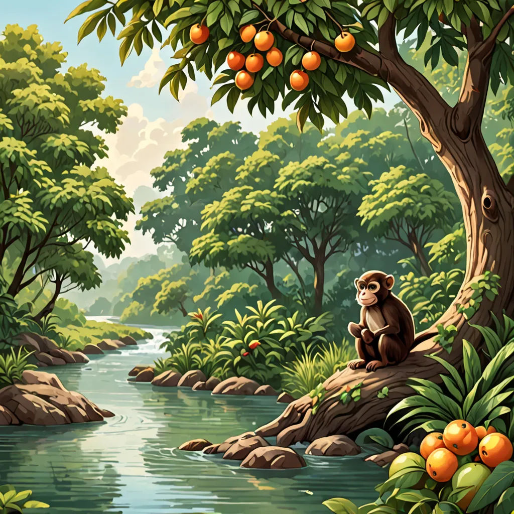 a monkey sitting on a tree branch in a forest by a river with oranges hanging from it's branches, naturalism, a storybook illustration, Chris LaBrooy, jungle