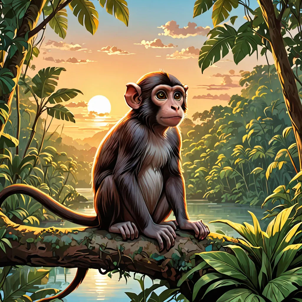 a monkey sitting on a tree branch in a jungle with a sunset in the background and a river running through it, sumatraism, a character portrait, Alex Petruk APe, official art