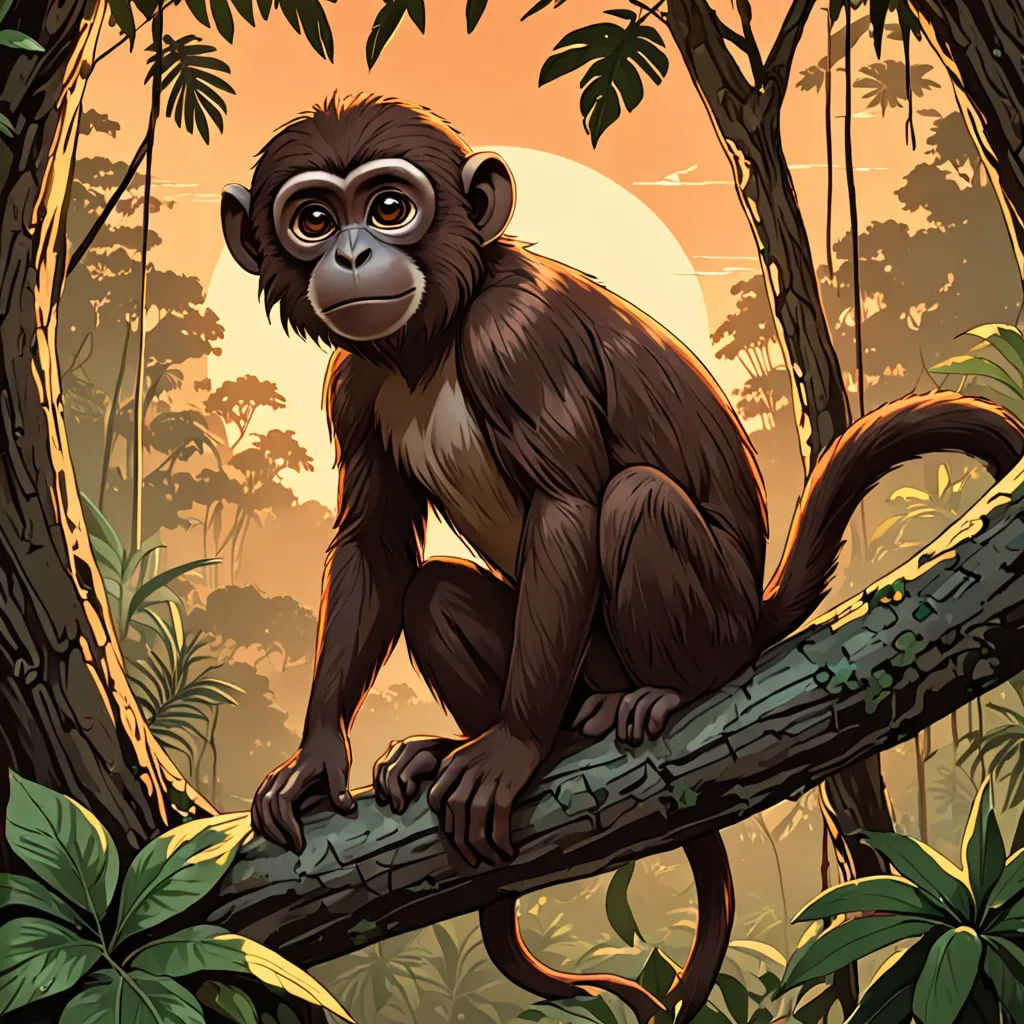 a monkey sitting on a tree branch in a jungle with a full moon in the background and trees and foliage, sumatraism, a character portrait, Alex Petruk APe, rossdraws global illumination
