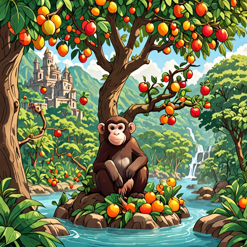 a monkey sitting on a rock in a forest with oranges and a castle in the background with a river running through it, fantasy art, a storybook illustration, Chris LaBrooy, jungle