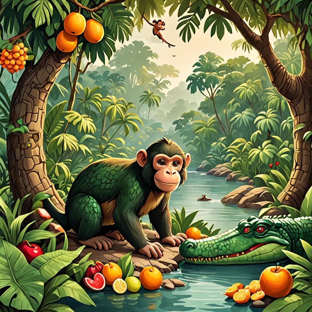 a monkey and a crocodile in a jungle with oranges and trees around them and a river running through it, naturalism, a storybook illustration, Chris LaBrooy, highly detailed digital painting