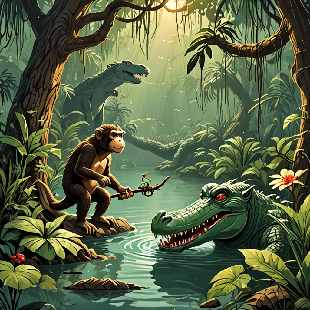 a painting of a monkey and a crocodile in a jungle setting with a river and trees in the background, fantasy art, a storybook illustration, Chris LaBrooy, storybook illustration