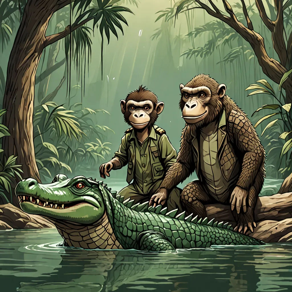 two monkeys sitting on a crocodile in a jungle with a man in the background looking at the crocodile in the water, sumatraism, a storybook illustration, Diego Gisbert Llorens, storybook illustration
