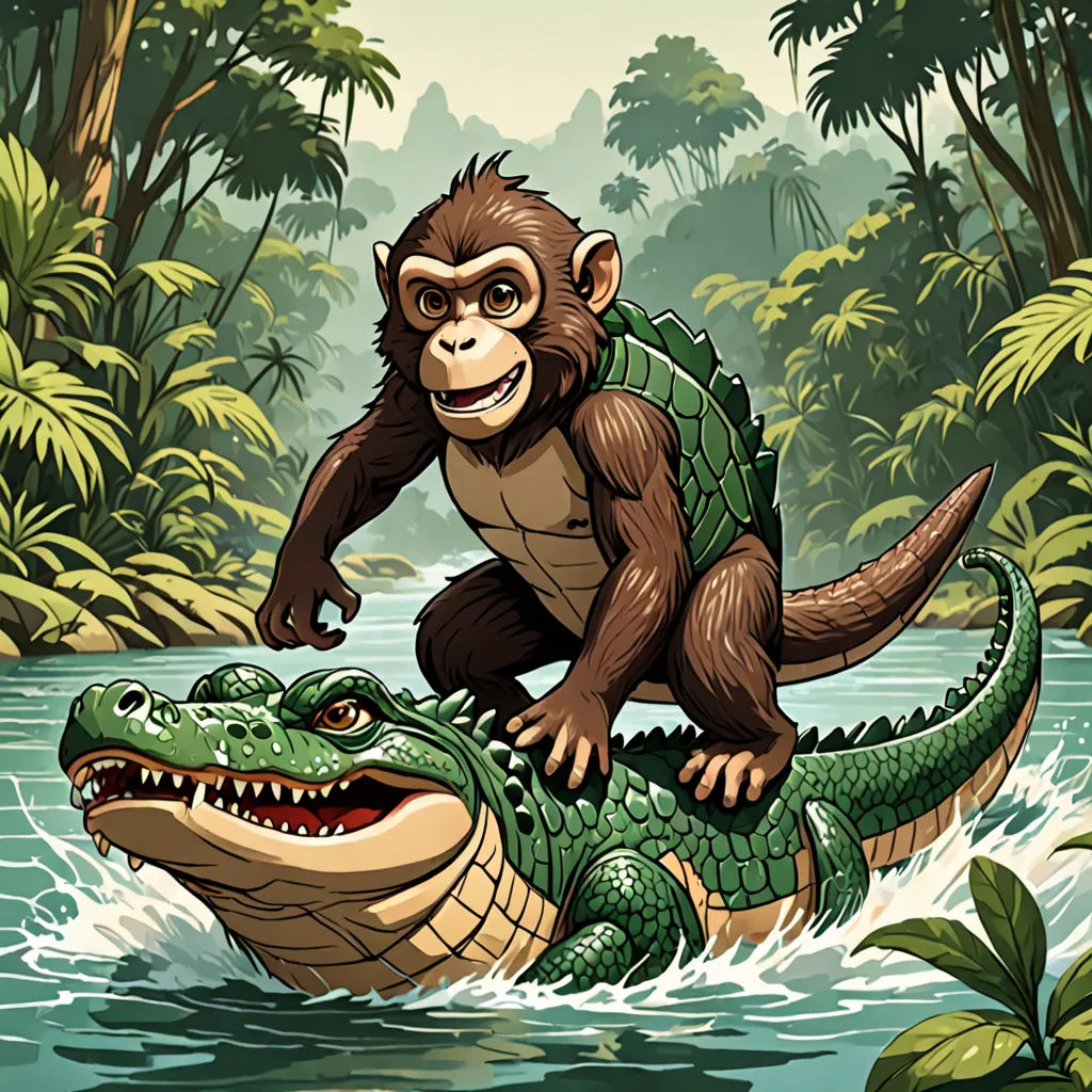 a monkey riding on top of a crocodile in a river with trees and bushes behind it, with a crocodile in the water, primitivism, a storybook illustration, Chris LaBrooy, promotional image
