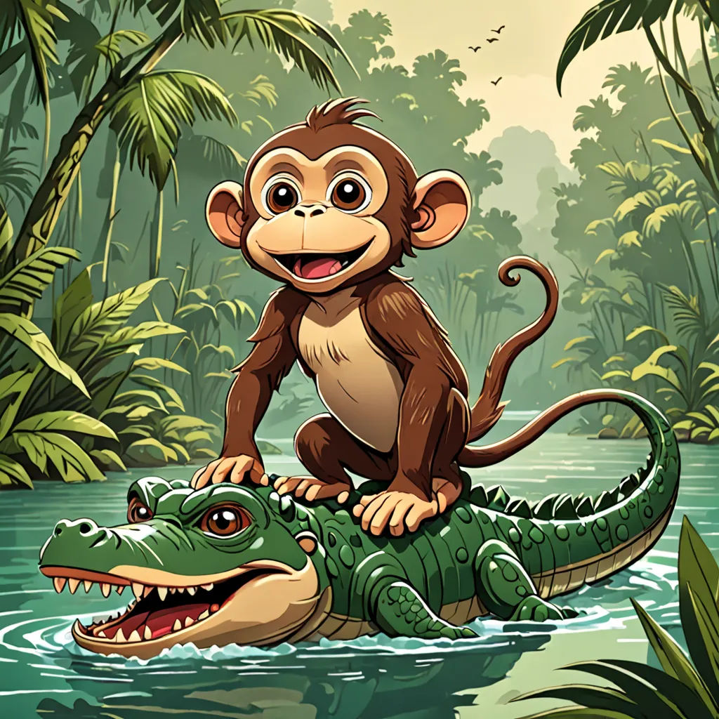 a monkey sitting on top of a crocodile in a river surrounded by trees and plants, with a crocodile in the foreground, primitivism, a storybook illustration, Diego Gisbert Llorens, storybook illustration