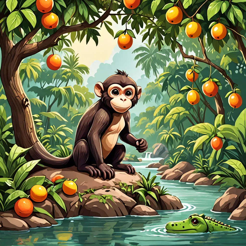 a monkey sitting on a rock in a jungle with an alligator in the water and oranges hanging from the trees, naturalism, a storybook illustration, Chris LaBrooy, jungle