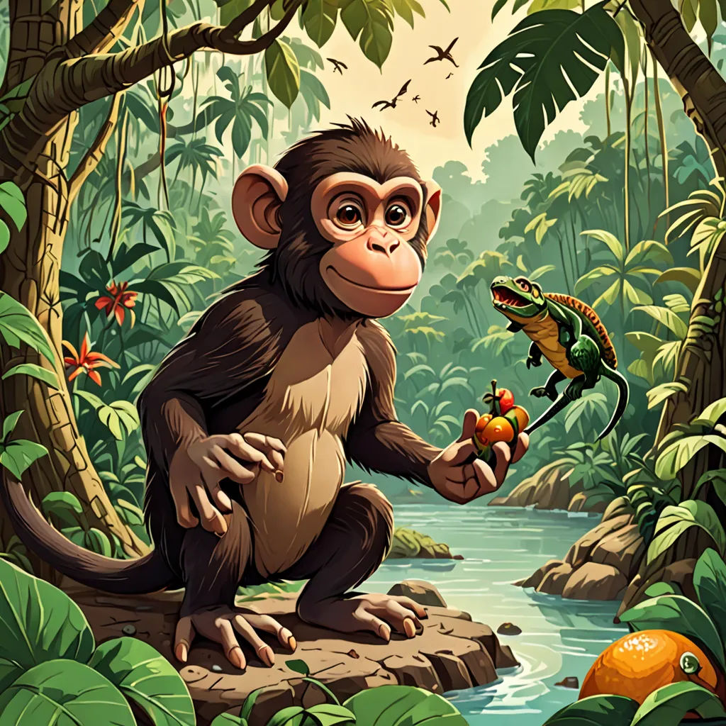 a monkey holding a piece of fruit in a jungle with a lizard on it's back and a lizard on its arm, primitivism, a storybook illustration, Chris LaBrooy, highly detailed digital painting