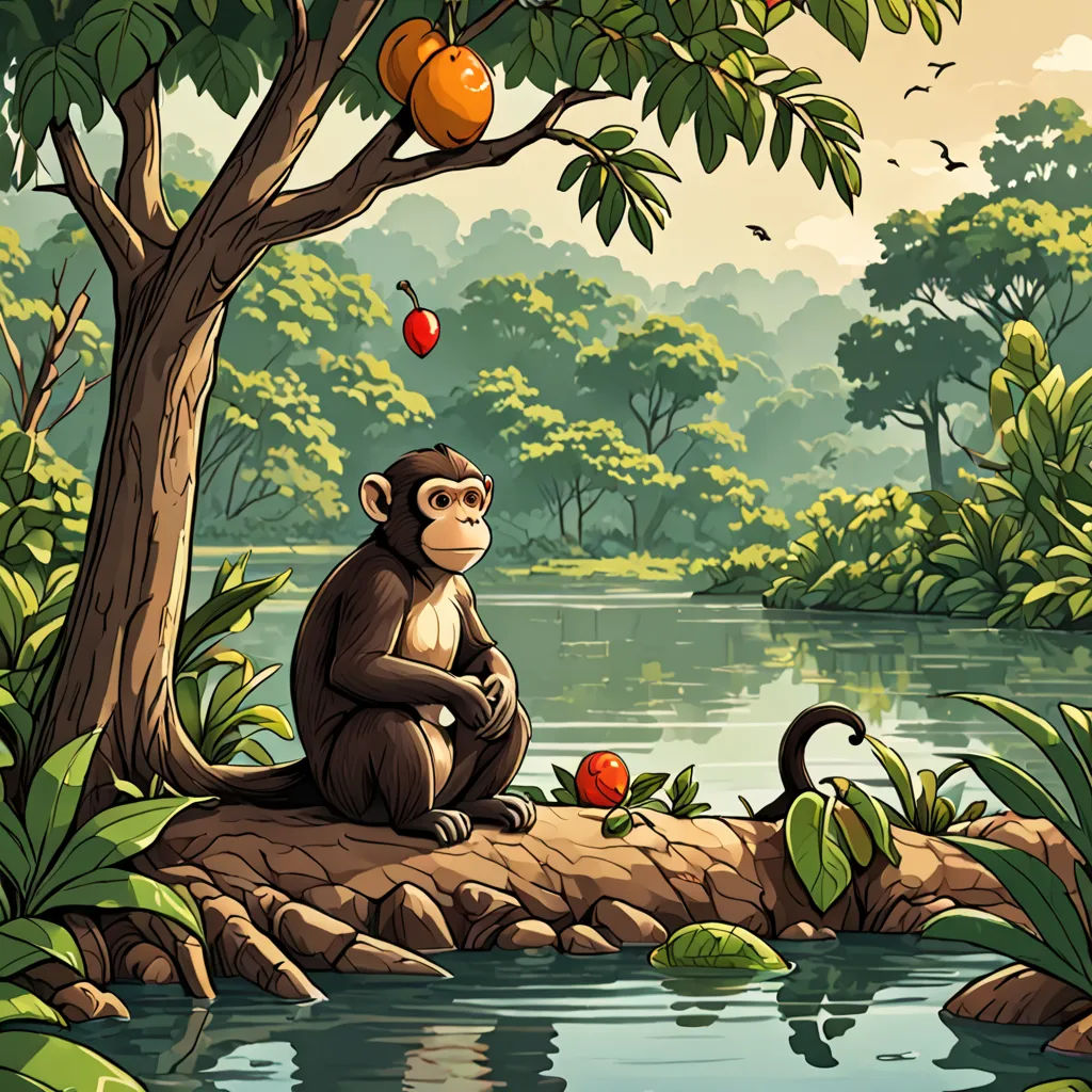 a monkey sitting on a rock in a forest next to a river and oranges hanging from a tree, naturalism, a storybook illustration, Chris LaBrooy, behance hd