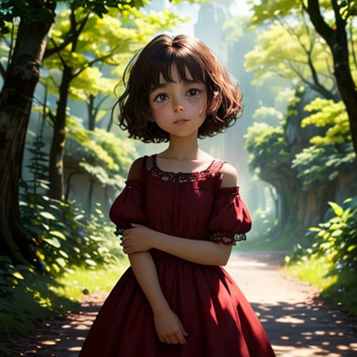 a little girl in a red dress standing in the middle of a forest with trees and bushes behind her