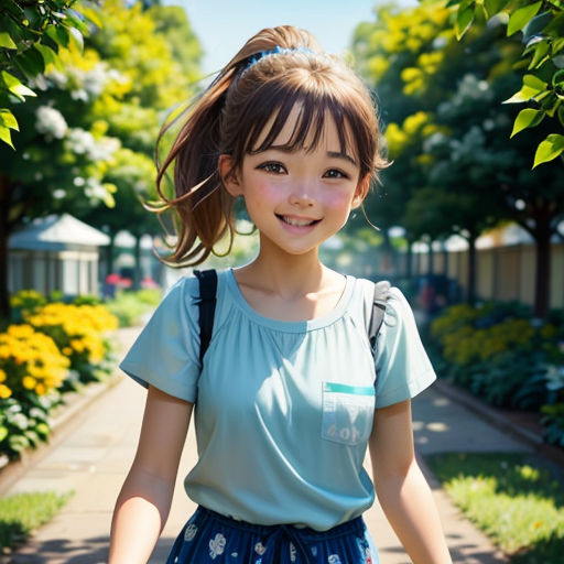 a young girl is walking down a sidewalk with a backpack on her shoulder and a smile on her face