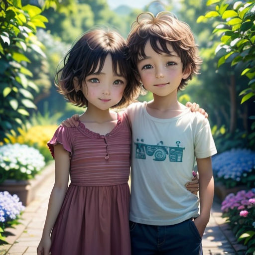 two young children standing next to each other in a garden with flowers and trees in the background photo by a photographer