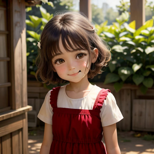 a little girl with a toothbrush in her mouth standing outside a house with a flower pot in the background