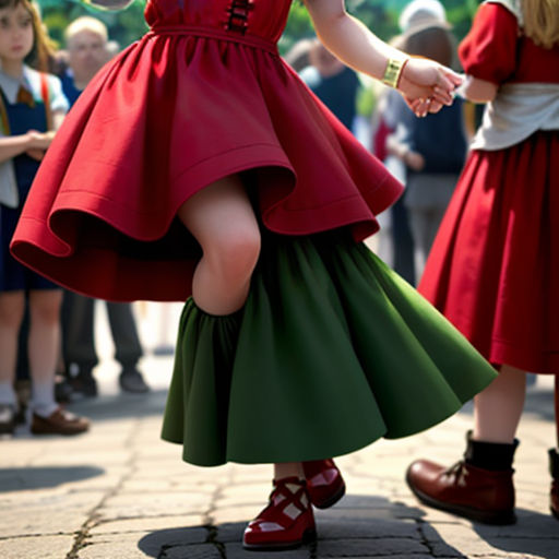 a young girl in a red dress dancing with other children in the background in a crowd of people in red dresses