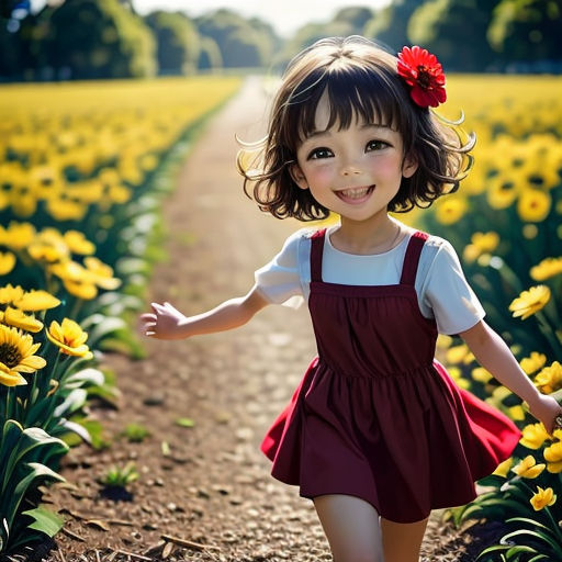 a little girl walking through a field of flowers with a red flower in her hair and a red dress
