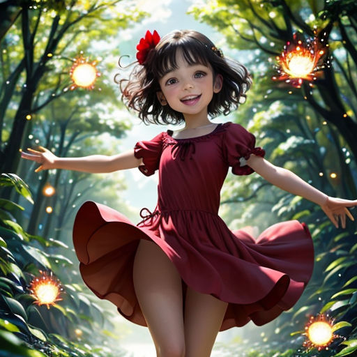 a girl in a red dress is dancing in the woods with fireflies in her hair and a red bow