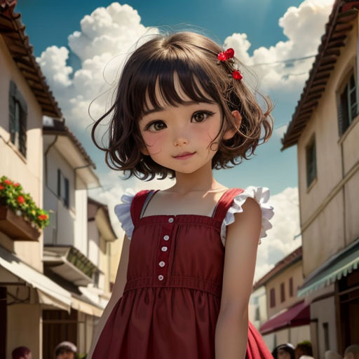 a little girl in a red dress standing in a street with houses in the background and a sky with clouds