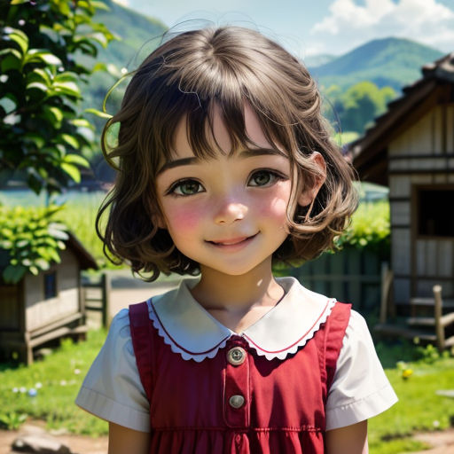 a little girl with a red dress and a white shirt on standing in front of a house and mountains
