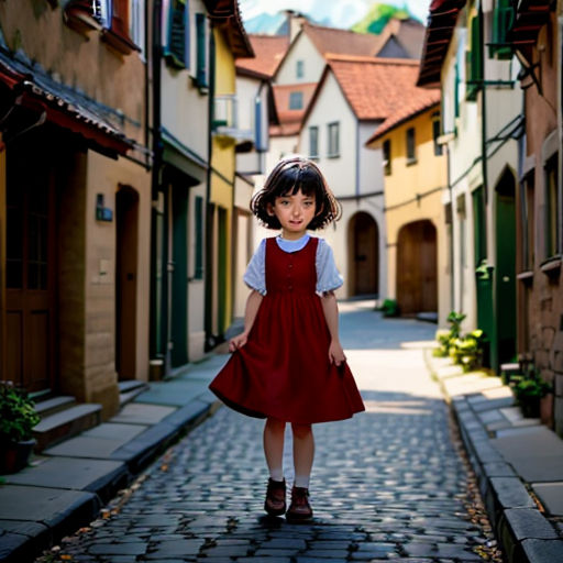 a little girl in a red dress is standing in a alley way with buildings in the background and a brick walkway