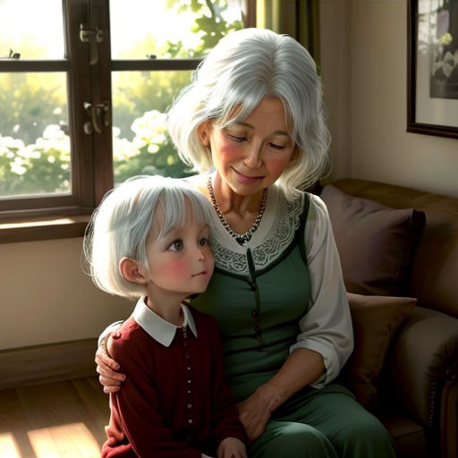 a woman and a child sitting on a couch in front of a window with a window sill behind them