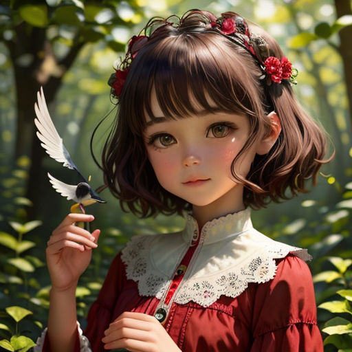 a girl in a red dress holding a bird in a forest with trees and bushes behind her, with a bird on her finger