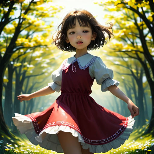 a painting of a little girl in a red dress in a forest with yellow trees and grass, with a sunbeam